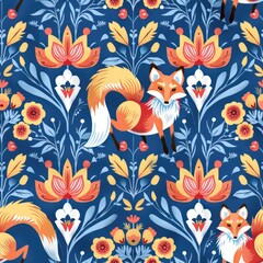 a pattern with fox on a blue background By Generated AI
