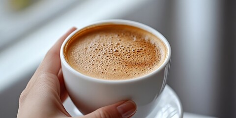 Top-Down View of Hand Holding Coffee Cup on Light Background