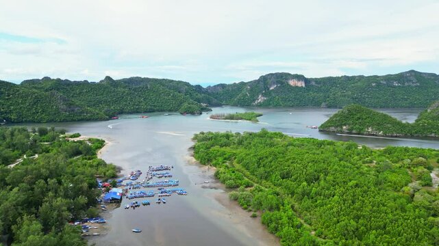 Aerial view of tranquil mangrove forest and river with boats in a picturesque coastal landscape, Tanjung Rhu, Malaysia.
