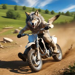 a wolf recklessly driving a dirt bike
