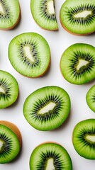 Fototapeta premium Sliced kiwis arranged on a white background.