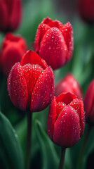 Vibrant red tulips covered in dewdrops after rainfall showcasing natural beauty with soft focus background highlighting the delicate petals and fresh morning garden scene