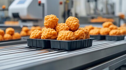 Automated food labeling and packaging machines, conveyor belts, quality assurance, clean environment, organized layout, modern equipment, vibrant packaging, food safety