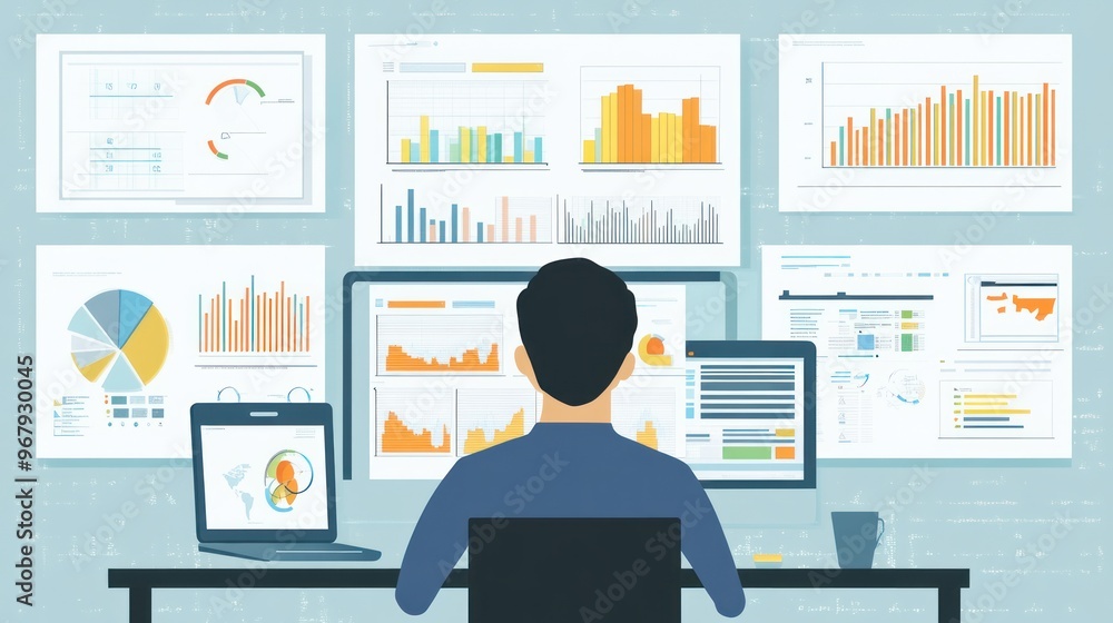Poster man analyzing data charts and graphs on multiple screens