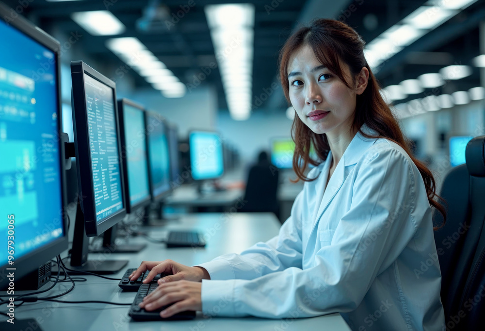 Poster confident asian female scientist in lab coat working on computer with data code on monitor in resear