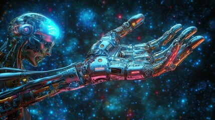 Futuristic Robot Reaching Out in the Cosmos