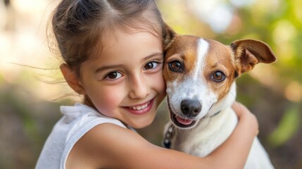 A child hugging a pet dog tightly, both with happy expressions.