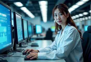 Confident Asian female scientist in lab coat working on computer with data code on monitor in research lab digital technology science lab research and development concept