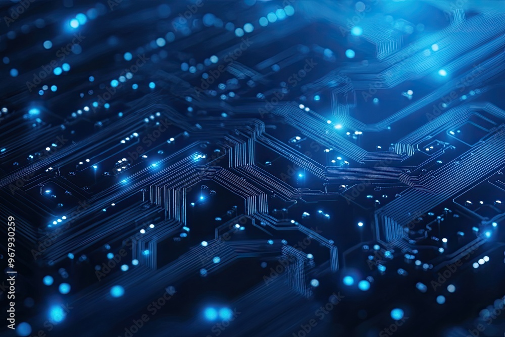Poster a close-up view of a glowing circuit board, showcasing intricate patterns and vibrant blue lights, r