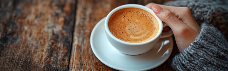 Top-Down View of Hand Holding Coffee Cup on Light Background