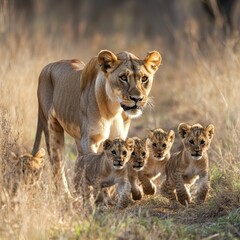Fototapeta na wymiar A lioness walks gracefully with her playful cubs in the tall grass, showcasing the beauty of wildlife and family bonds.