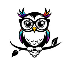 Cute Cartoon Owl with Glasses and Colorful Feathers for T-Shirt Print