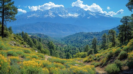 Scenic mountain landscape with vibrant flowers and lush greenery.