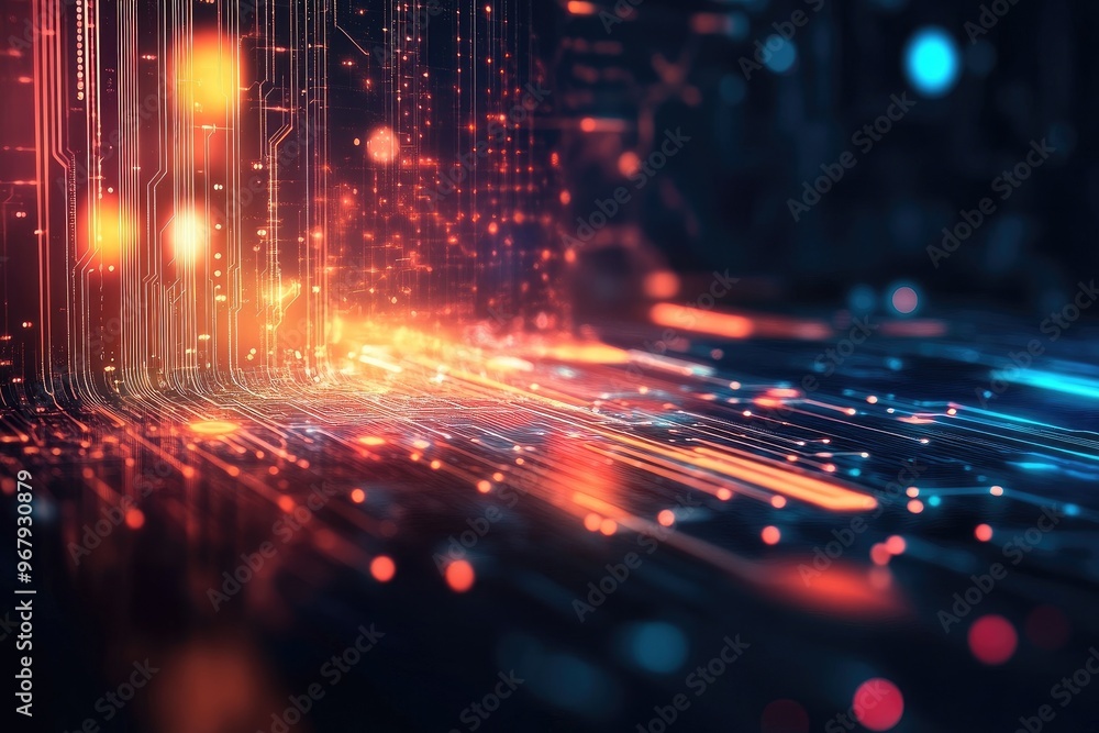 Poster a vibrant digital landscape showcasing flowing light, circuitry, and dynamic data patterns, ideal fo