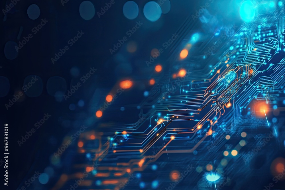 Poster abstract digital circuit design with glowing lines and bokeh lights, representing technology and inn