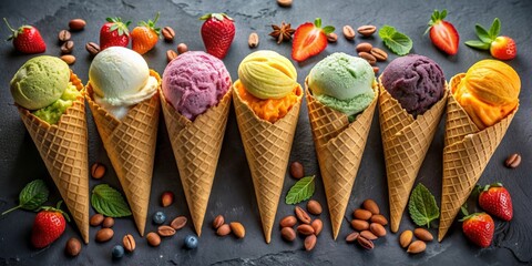 Obraz premium Ice cream cones with different flavors, strawberry, mint, orange, ice cream, pomegranate, grape, lemon, blueberry