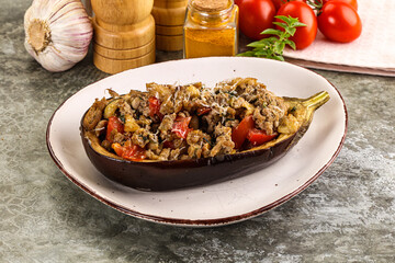 Baked eggplant stuffed meat and tomato