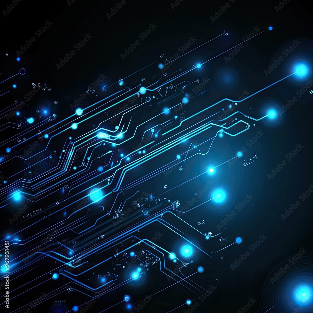 Poster futuristic blue circuit design with glowing elements on a dark background, representing technology a