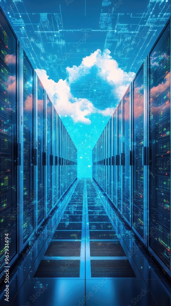 Poster futuristic data center with illuminated servers and ethereal clouds, symbolizing advanced technology