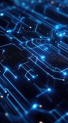 Obraz premium Futuristic blue circuit board with glowing lines and particles, representing technology and digital innovation.