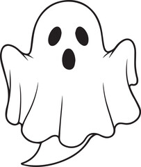 A simple and minimalist silhouette of a cheerful ghost. The ghost is completely white with a wide, friendly smile and large oval eyes, giving it a playful and approachable appearance	