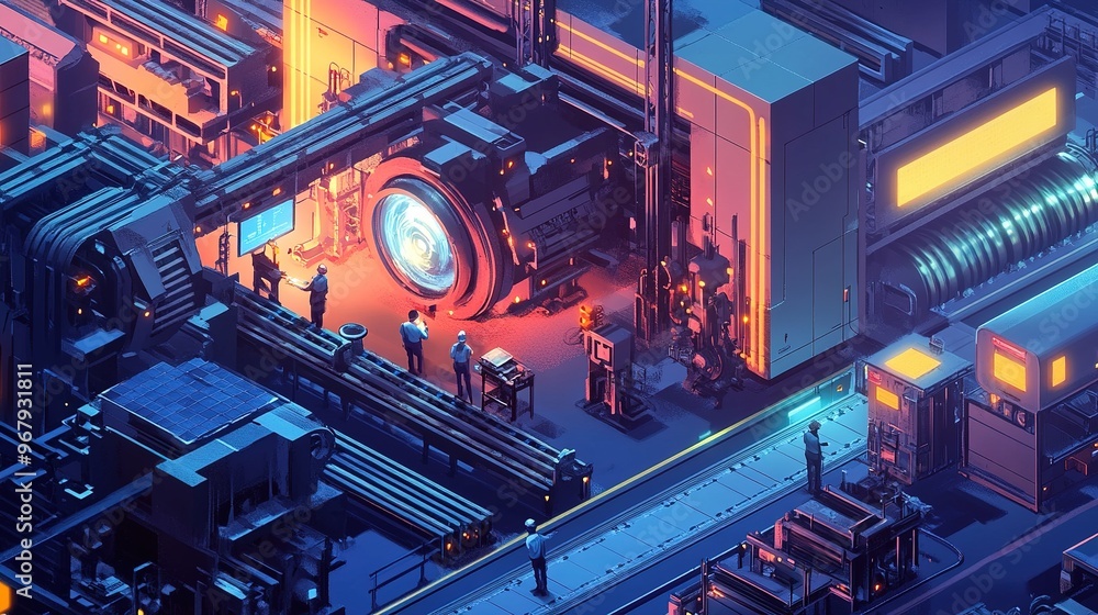 Poster engineers and workers collaborating in a manufacturing environment.