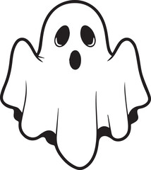 A simple and minimalist silhouette of a cheerful ghost. The ghost is completely white with a wide, friendly smile and large oval eyes, giving it a playful and approachable appearance	