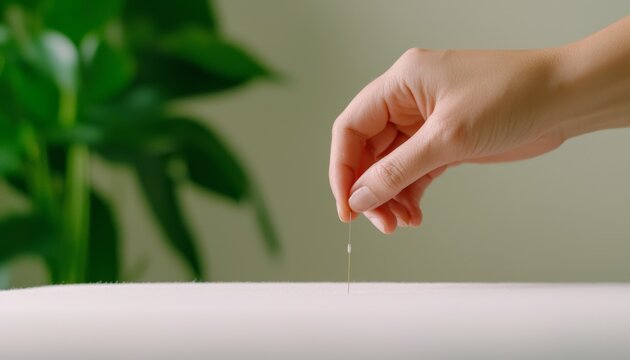 Acupuncturists hands delicately placing needles on a patients skin, clean and serene background, professional healthcare setting