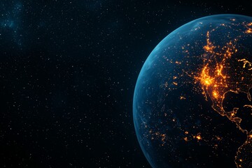Naklejka premium An abstract representation of global digital networks, featuring Earth illuminated by streams of data in neon blue and orange hues, set against a deep space backdrop