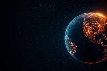 Obraz premium An abstract representation of global digital networks, featuring Earth illuminated by streams of data in neon blue and orange hues, set against a deep space backdrop