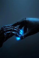 Naklejka premium An artistic interpretation of human-robot interaction, with a soft focus on the fingertips of both hands, almost touching, illuminated by a futuristic glow
