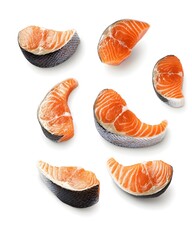 Slices of salmon arranged on a white background.