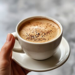 Obraz premium Top-Down View of Hand Holding Coffee Cup on Light Background