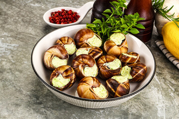 Fototapeta premium Fresnch escargort with basil butter