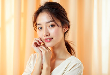 Fototapeta premium Beautiful young asian woman with clean skin touching face skincare concept on beige background with copy space