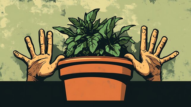 Happy Gardener Tending to Potted Plant - Cartoon Style Illustration of Gardening Enthusiast Caring for Plant with Joy and Attention