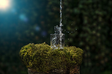 Pouring Water Into a Glass On Moss On a Tree Stump Background