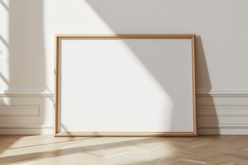 Horizontal frame on floor mockup blank poster. Wooden frame mock up empty print background. Wood picture frame in room. Gallery design modern interior