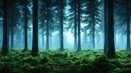 Obraz premium The soft light of dusk bathes a quiet forest, the trees standing tall and silent, the air filled with the stillness of twilight.