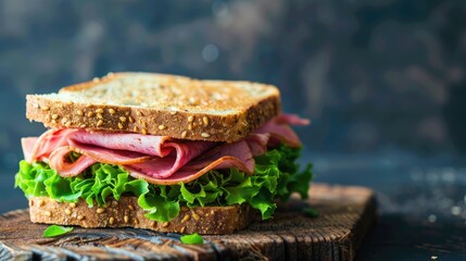 Fresh sandwich with ham and lettuce on wooden surface, dark backdrop, available area.