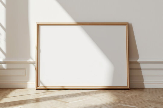 Horizontal frame on floor mockup blank poster. Wooden frame mock up empty print background. Wood picture frame in room. Gallery design modern interior