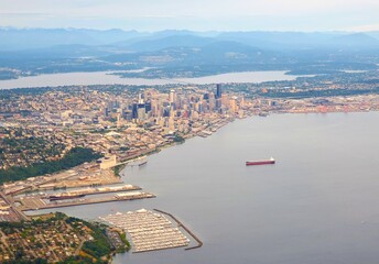 aerial view of the city of Seattle, Puget Sound and Lake Washington