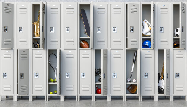 Metal school lockers opening revealing sports equipment and musical instrument