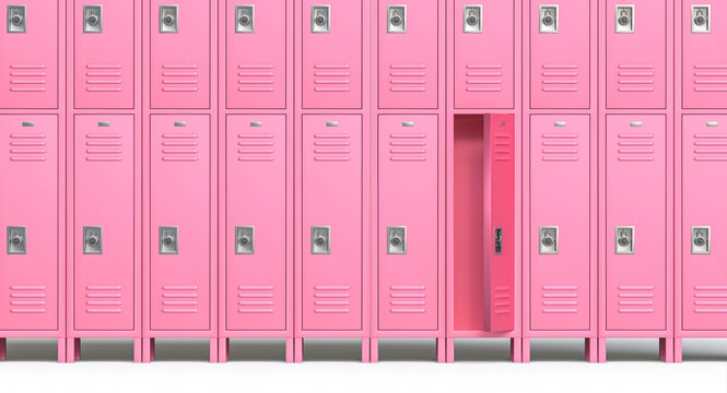 Row of pink opened empty school lockers
