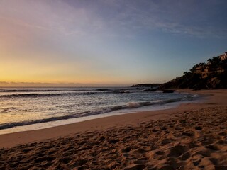 sunset on the beach, landscape view, clouds, colorful sky