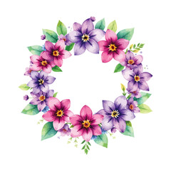 Wreaths, floral frames, watercolor flowers purple, Illustration hand painted. Isolated on white background. Perfectly for greeting card design., Floral frame with watercolor tropical leaves