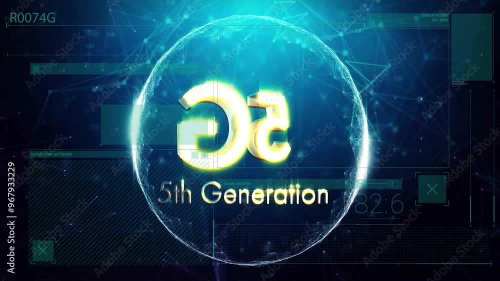 Aufkleber animation of 5g text over data processing and shapes