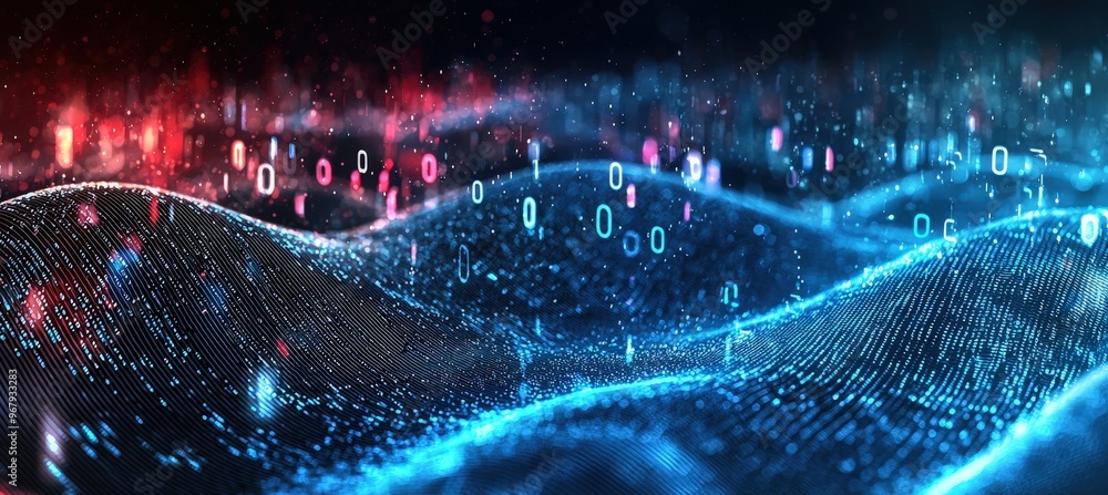 Poster futuristic digital waves and data stream with glowing elements for technology design