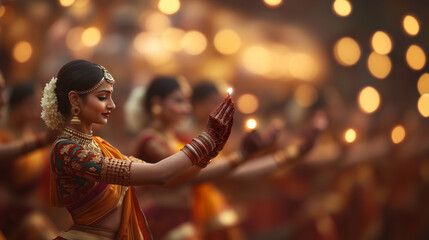 A woman dressed in traditional attire gracefully performs a dance during Navratri celebrations, surrounded by festive lights and other dancers in the background.

