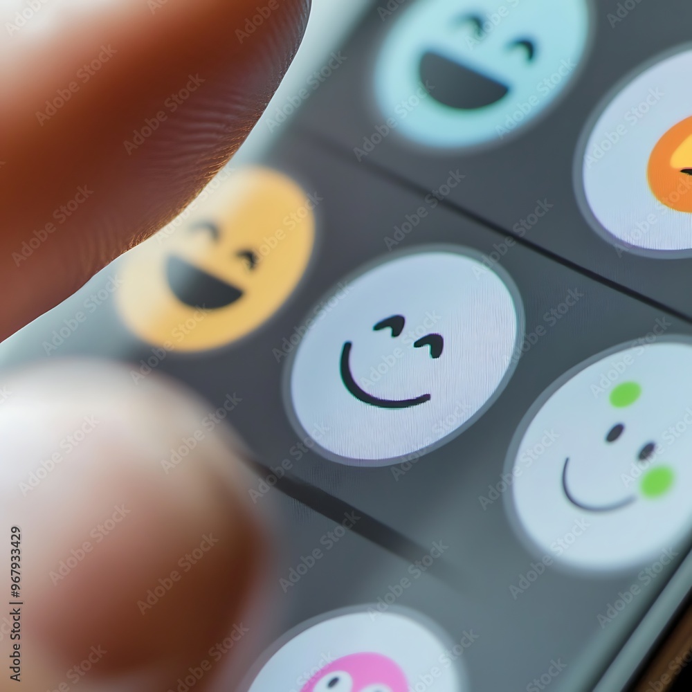 Poster interactive smartwatch display of emotional icons with finger pointing to sad face, digital metrics 